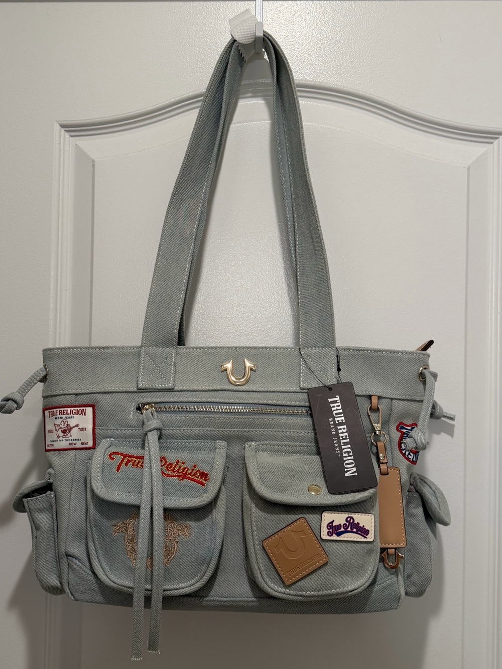 True Religion Multi-Patch Light Blue Denim Tote Bag NWT